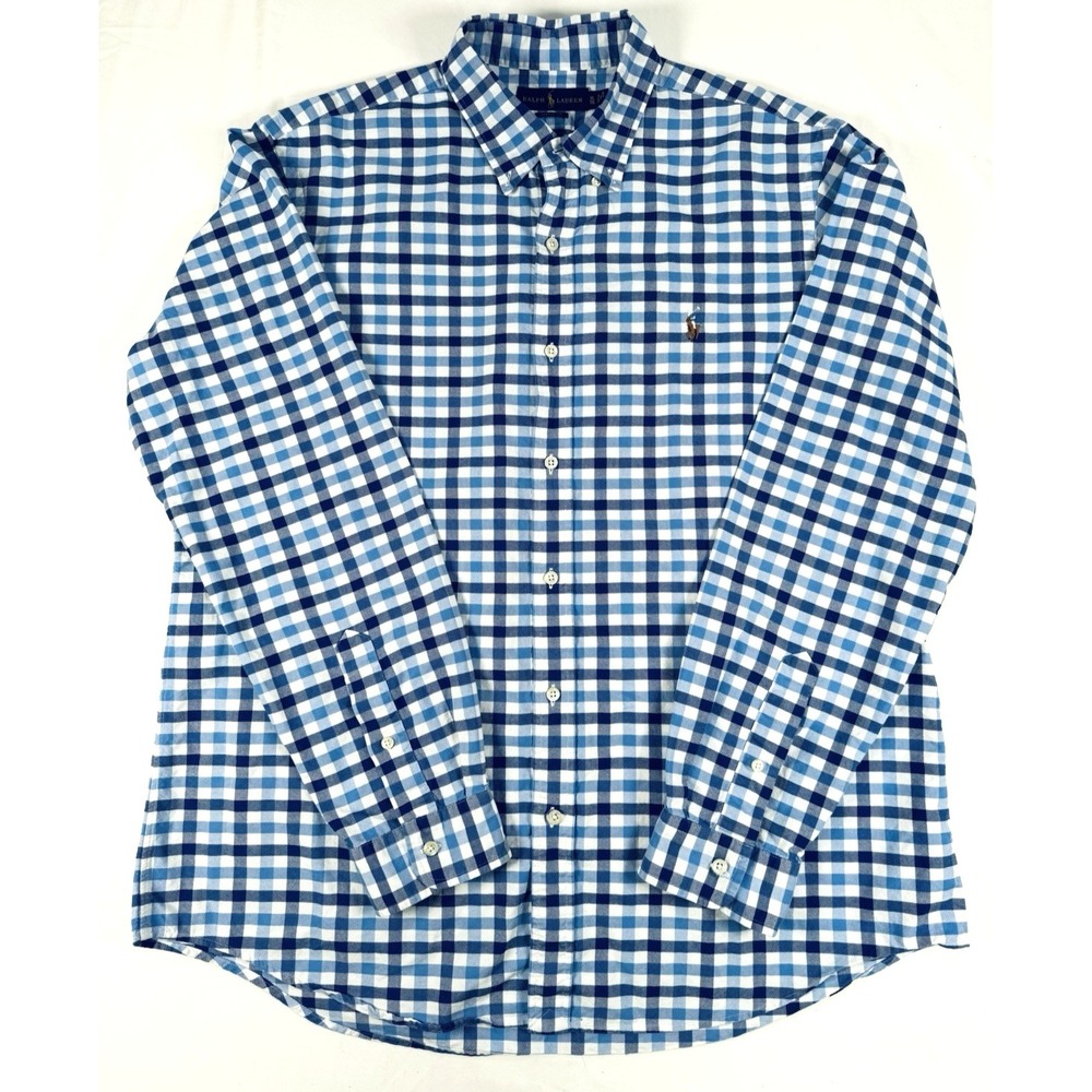 Ralph Lauren Classic Fit Plaid Button Down Shirt Mens XL Blue White Flesh‎ Pony